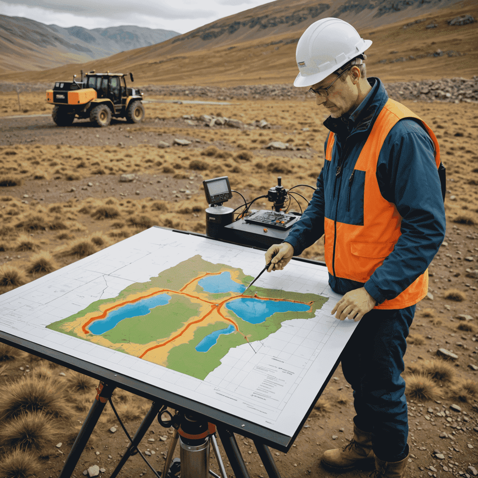 Imagen de un geofísico interpretando datos sísmicos y gravimétricos en un mapa de potencial geotérmico
